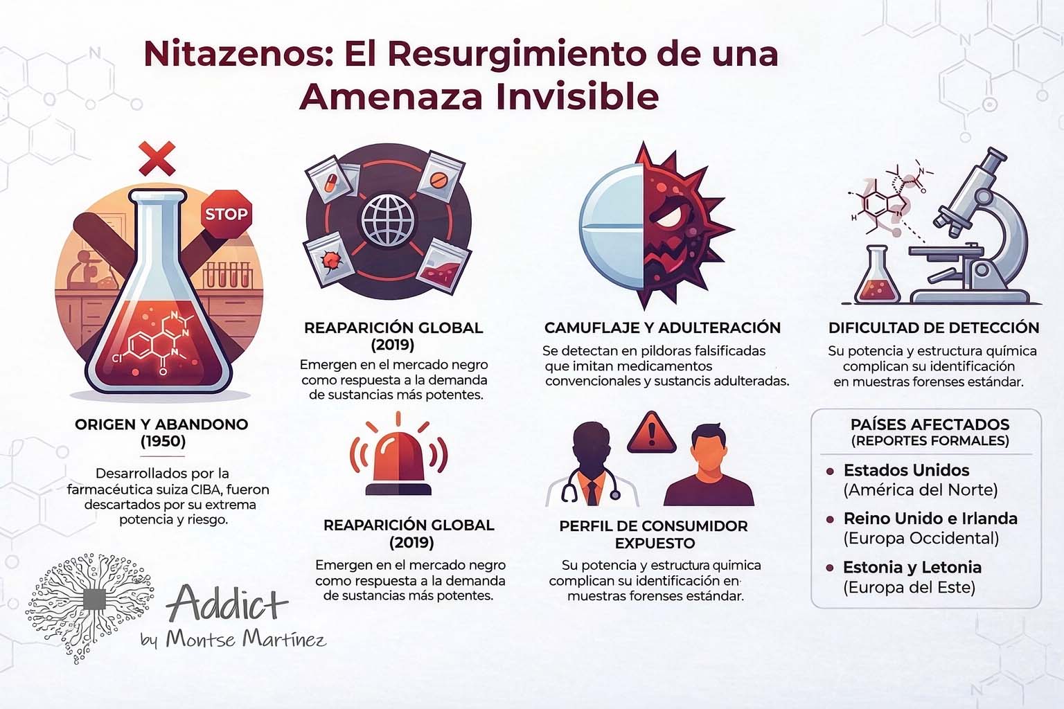 infografia de Addict Badalona sobre Historia y reaparicion de los nitazenos en el mercado de drogas | nitazenos