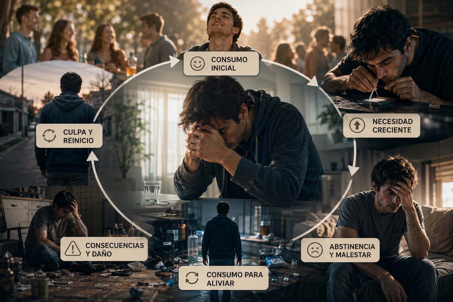 fases del ciclo de dependencia de una sustancia | bucle de la adiccion | Del festival al consumo diario cuando una droga deja de ser un consumo ocasional y se convierte en una adiccion